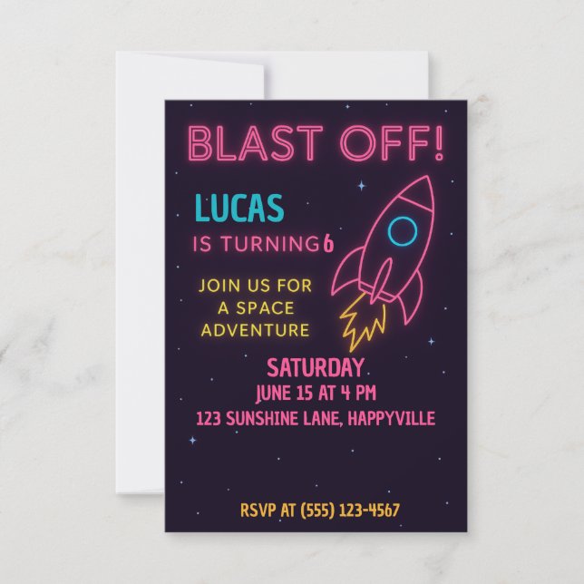 Invitación de cumpleaños de cohete espacial al air (Anverso)