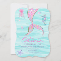 Invitación de cumpleaños de cola de sirena bajo el