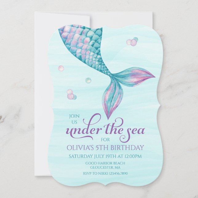 Invitación de cumpleaños de cola de sirena bajo el (Anverso)