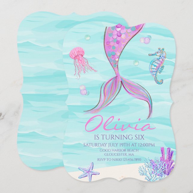 Invitación de cumpleaños de cola de sirena bajo el (Anverso / Reverso)