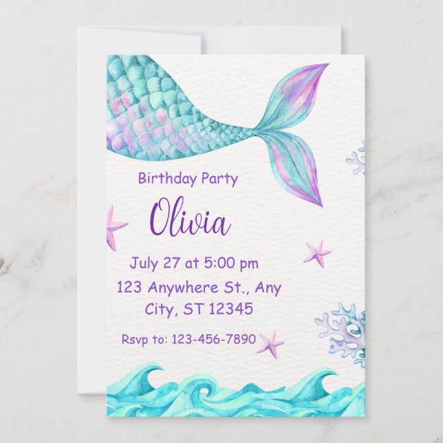Invitación de cumpleaños de cola de sirena mágica (Anverso)