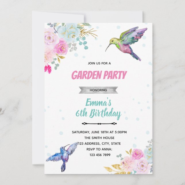 Invitación de cumpleaños de colibrí (Anverso)
