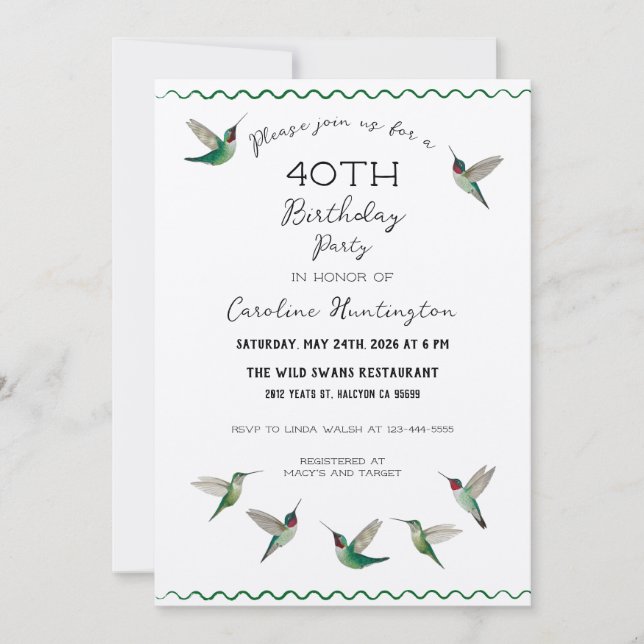Invitación de cumpleaños de colibríes (Anverso)