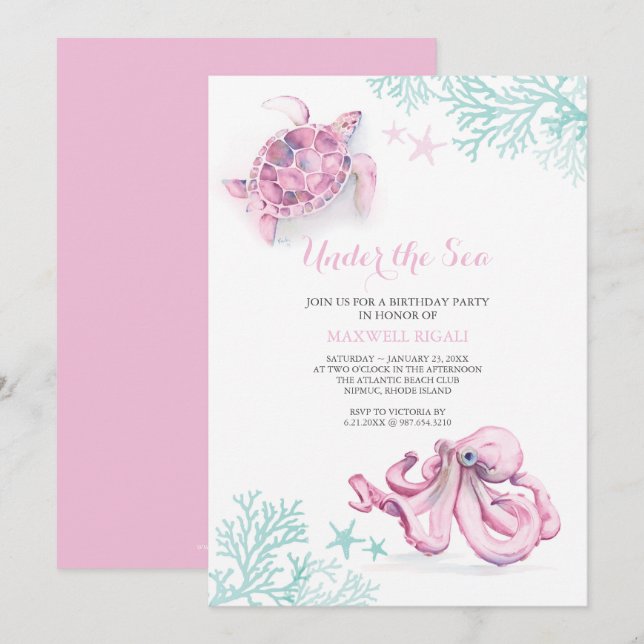 Invitación de cumpleaños de color agua bajo el mar (Anverso / Reverso)