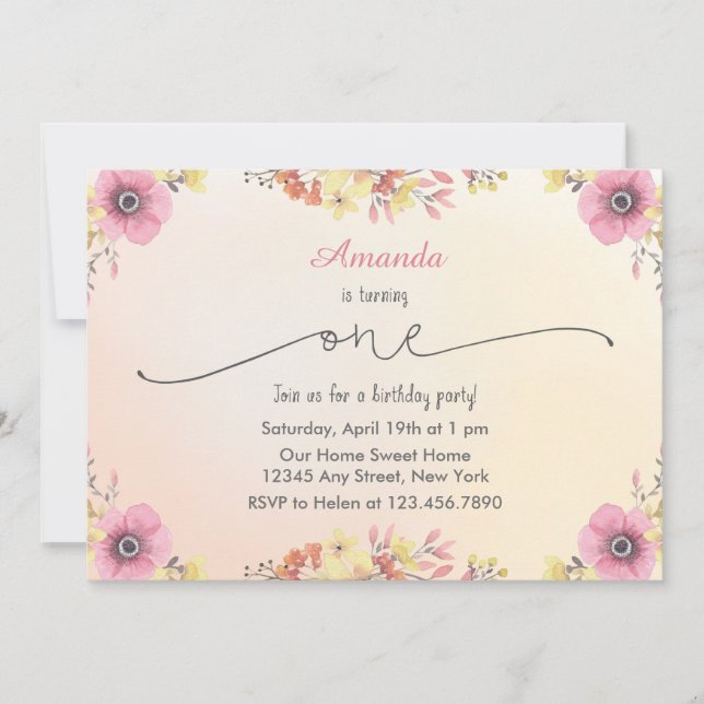 Invitación de cumpleaños de color agua de flores (Anverso)