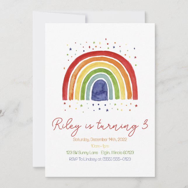 Invitación de cumpleaños de color arcoiris, Chicas (Anverso)