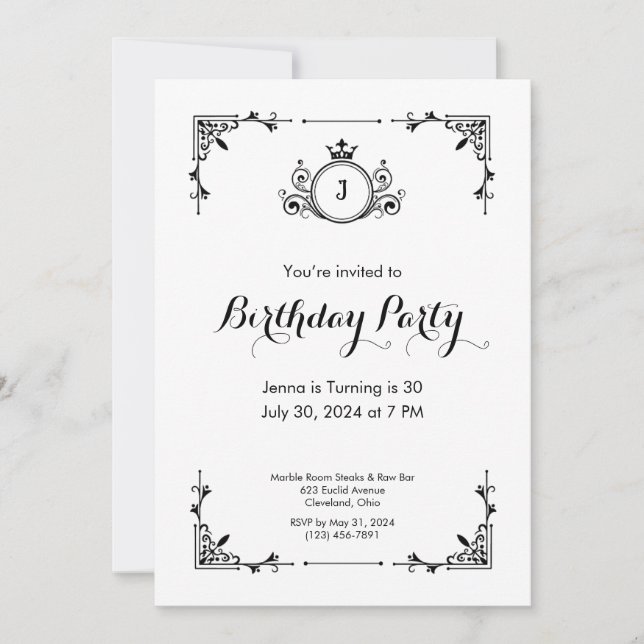 Invitación de cumpleaños de color blanco y negro a (Anverso)
