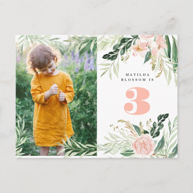 Invitación de cumpleaños de color de agua rosa flo (Anverso)