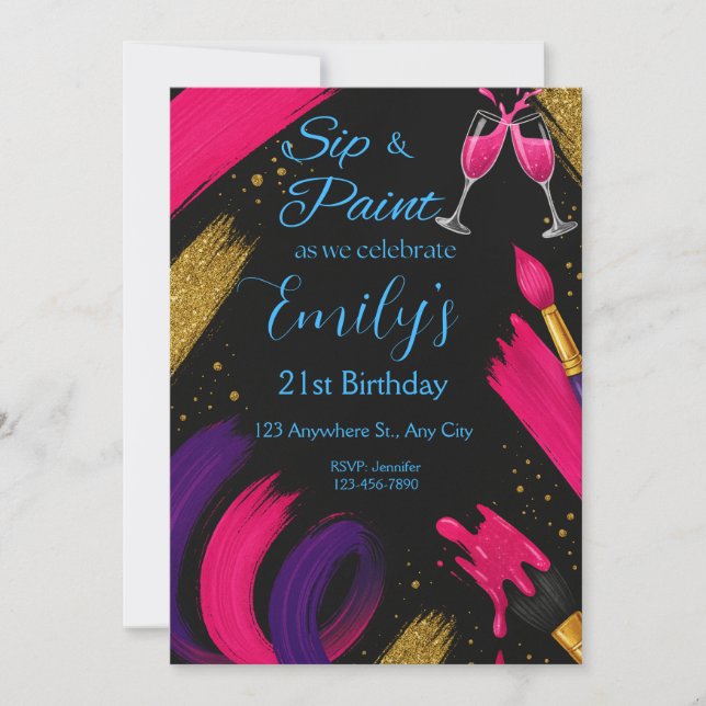 Invitación de cumpleaños de color negro y rosa par (Anverso)
