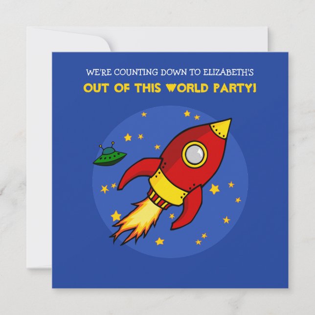 Invitación de cumpleaños de color rojo cohete (Anverso)