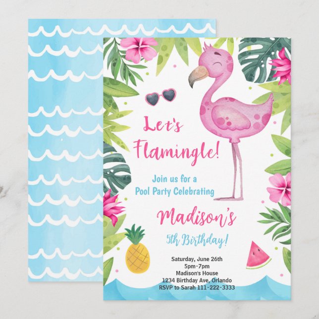 Invitación de cumpleaños de color rosa tropical fl (Anverso / Reverso)