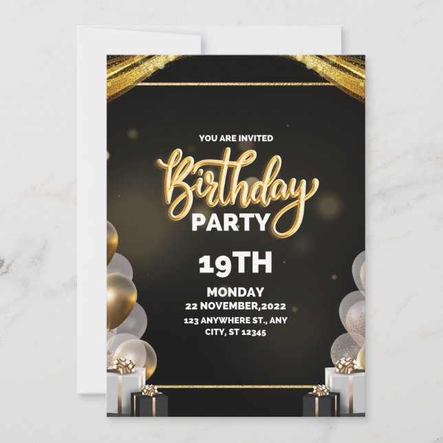 Invitación de cumpleaños de color y oro (Anverso)