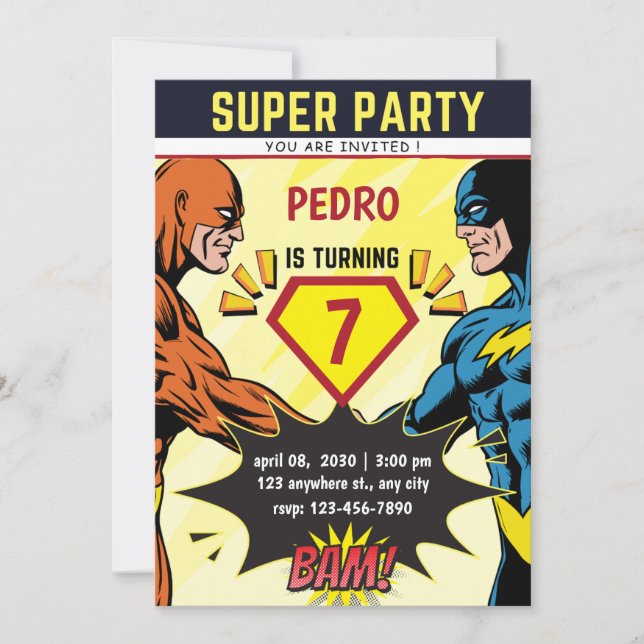 Invitación de cumpleaños de cómic de superhéroe (Anverso)