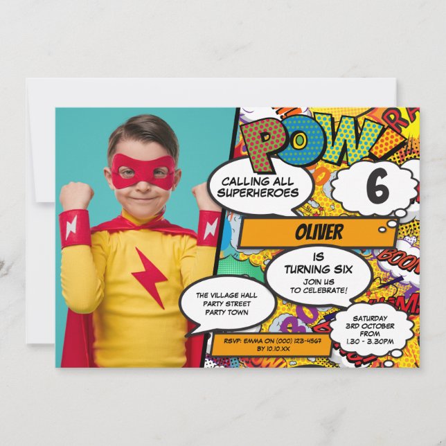 Invitación de Cumpleaños de Cómic de Superhéroe (Anverso)