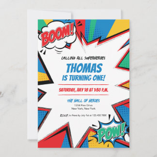Invitación de cumpleaños de cómic de superhéroe Bo