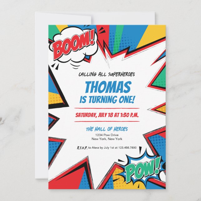 Invitación de cumpleaños de cómic de superhéroe Bo (Anverso)