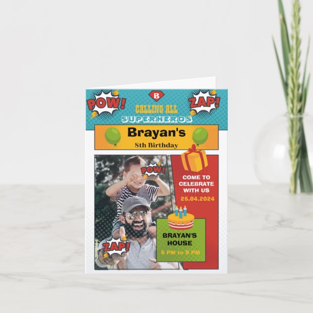 Invitación de cumpleaños de Comic Superhero con fo (Anverso)