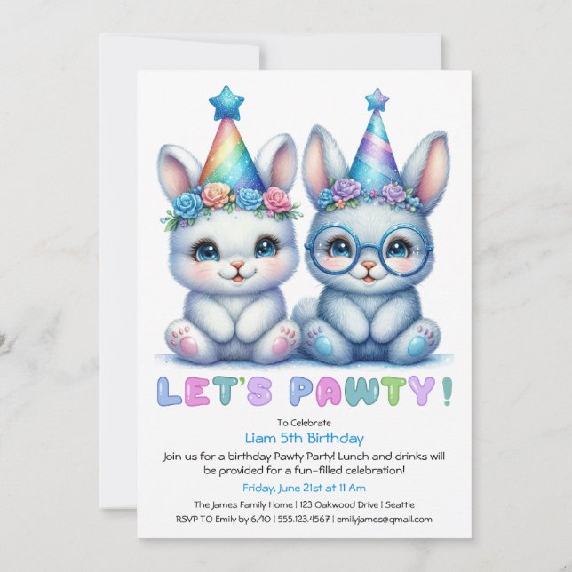 Invitación de cumpleaños de conejito adorable – Br (Reverso)