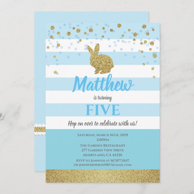 Invitación de cumpleaños de conejito cualquiera az (Anverso / Reverso)