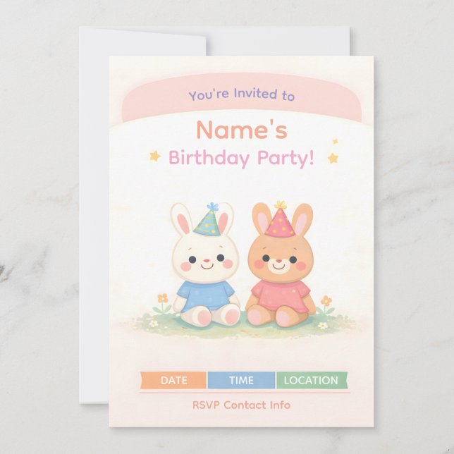 Invitación de cumpleaños de conejito lindo | Cumpl (Anverso)