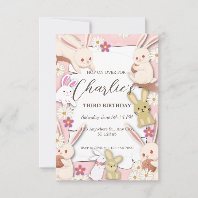 Invitación de cumpleaños de conejito para niño (Anverso)