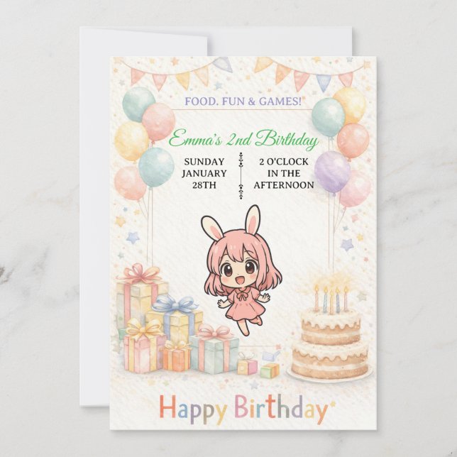 Invitación de cumpleaños de conejito pastel adorab (Anverso)