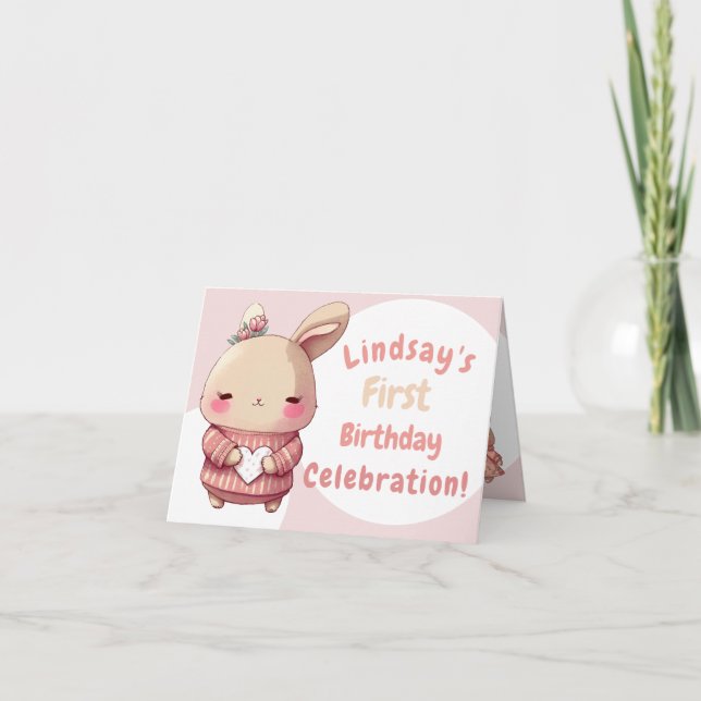 Invitación de cumpleaños de conejito rosa suave (Anverso)