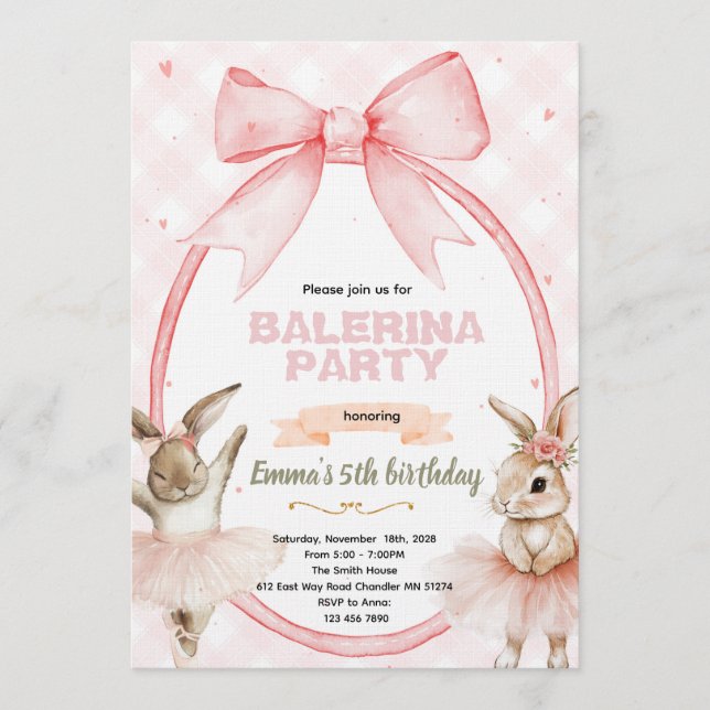 Invitación de cumpleaños de conejo bailarina (Anverso)