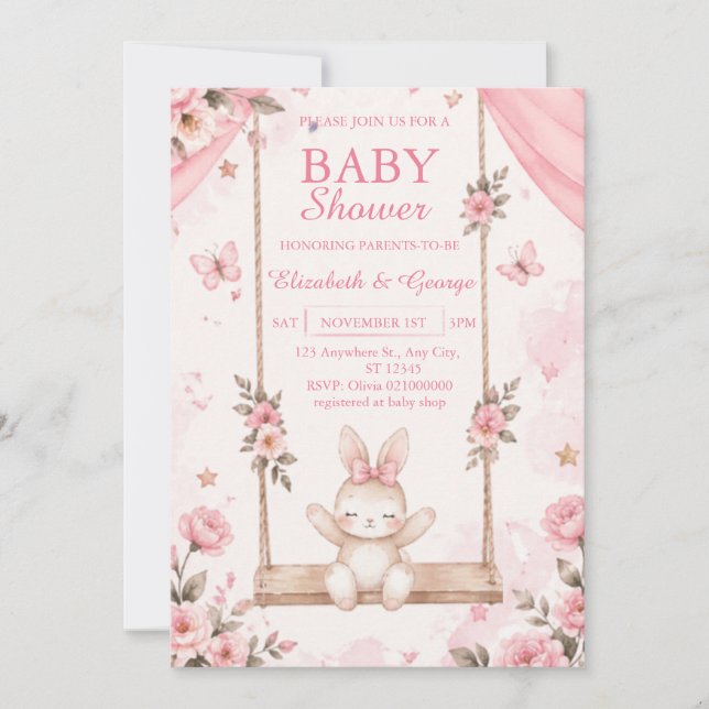 Invitación de Cumpleaños de Conejo Boho Rosa para  (Anverso)