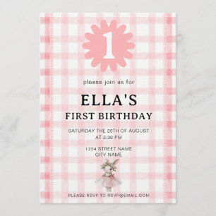 Invitación de cumpleaños de conejo de cuadros rosa