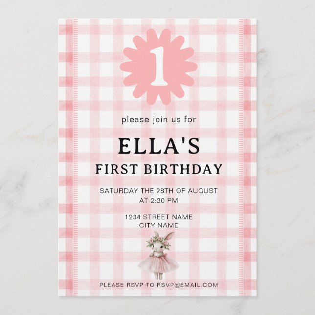 Invitación de cumpleaños de conejo de cuadros rosa (Anverso)