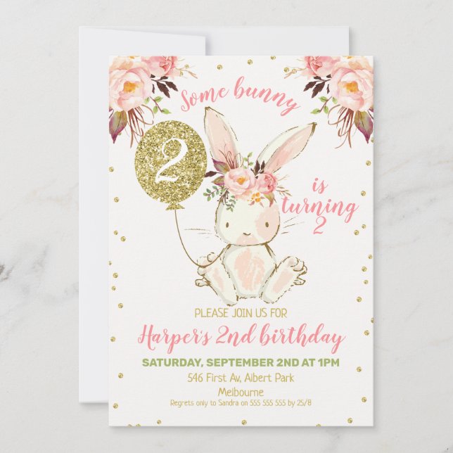 Invitación de cumpleaños de conejo de oro rosa flo (Anverso)