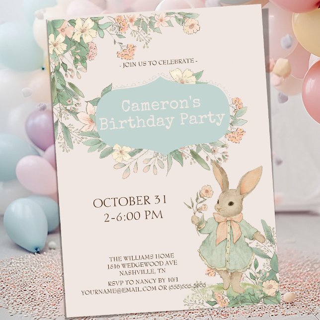 Invitación de cumpleaños de conejo floral cute (Subido por el creador)