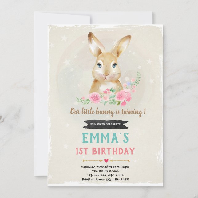 Invitación de cumpleaños de conejo lindo (Anverso)