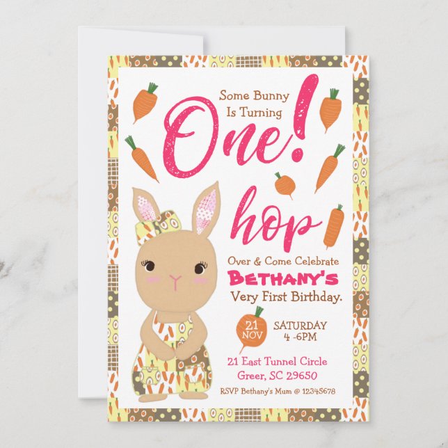 Invitación De Cumpleaños De Conejo Para Chica (Anverso)