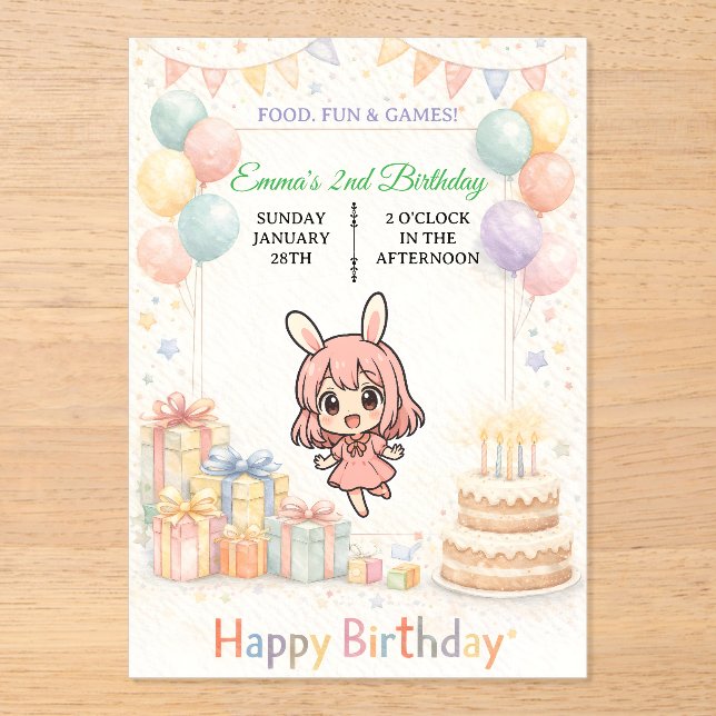 Invitación de cumpleaños de conejo pastel adorable (Anverso)