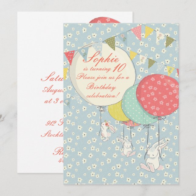 Invitación de cumpleaños de conejo volador de prim (Anverso / Reverso)