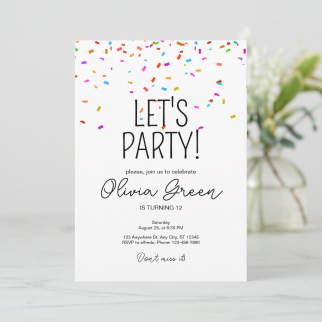 Invitación de cumpleaños de confeti simple colorid (Anverso de pie)