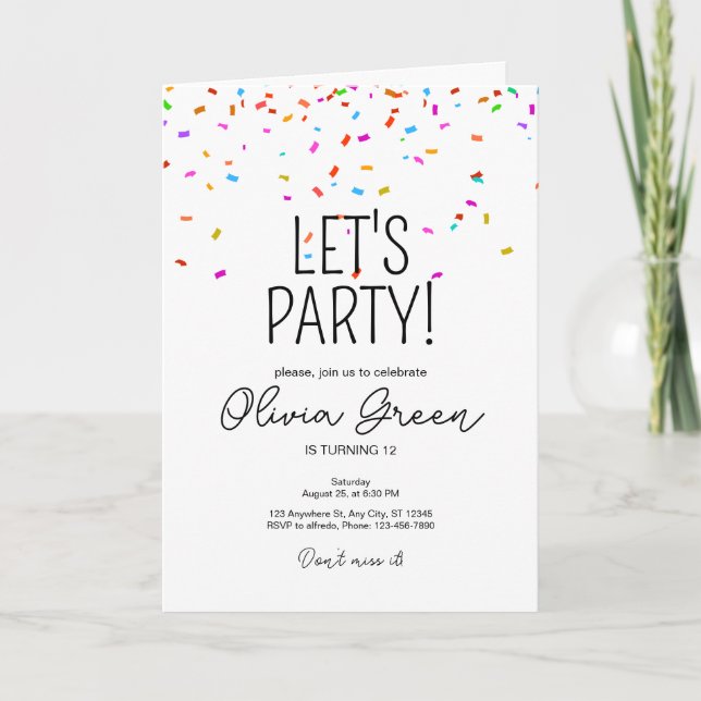 Invitación de cumpleaños de confeti simple colorid (Anverso)