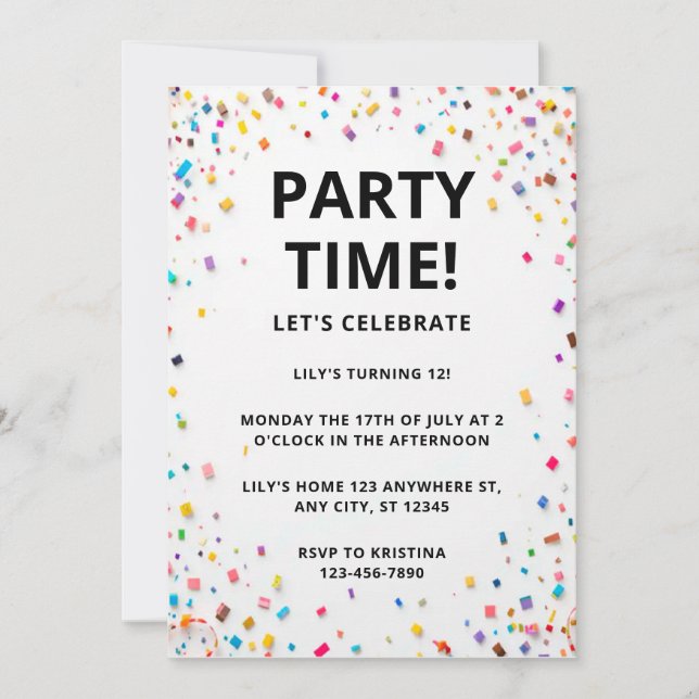 Invitación de cumpleaños de Confetti coloreado edi (Anverso)