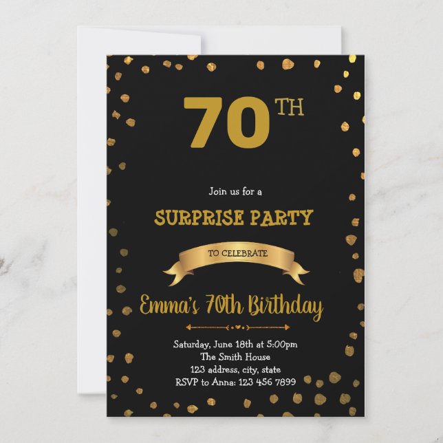Invitación de cumpleaños de confetti negro y oro (Anverso)