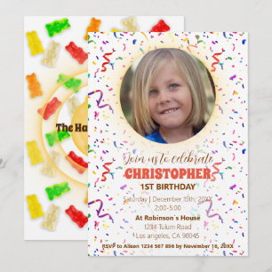 Invitación de cumpleaños de Confetti y Gummies
