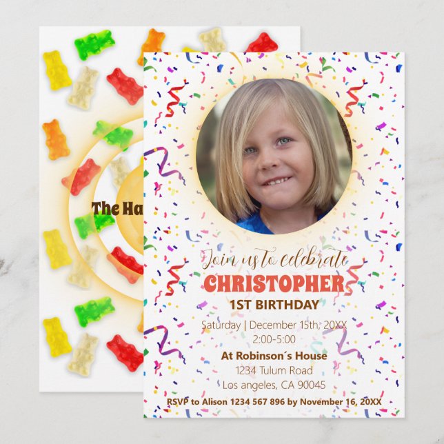Invitación de cumpleaños de Confetti y Gummies (Anverso / Reverso)