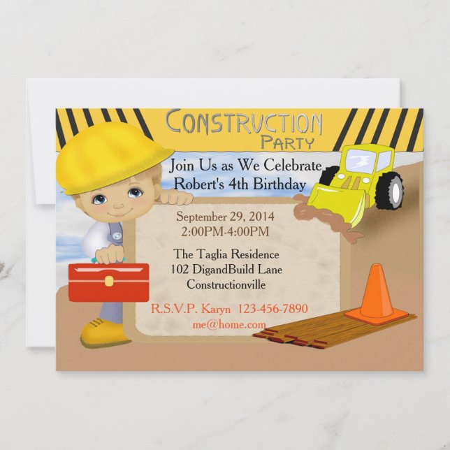 Invitación de cumpleaños de construcción (Anverso)