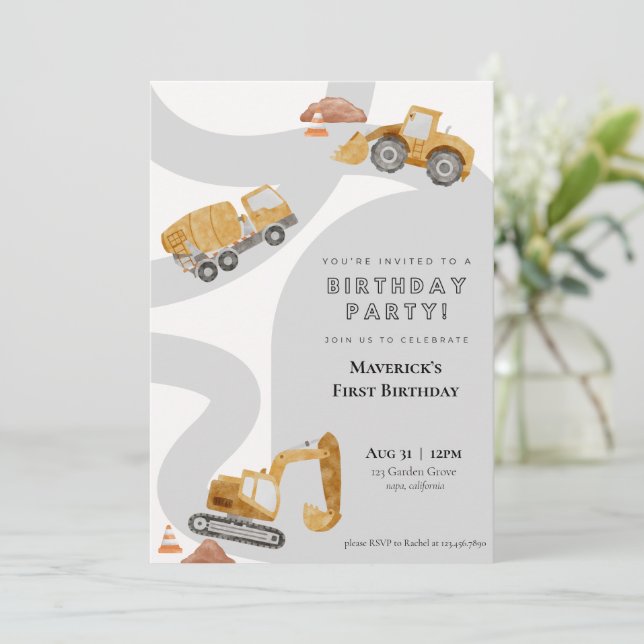 Invitación de cumpleaños de construcción (Anverso de pie)