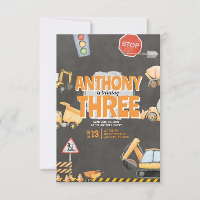 Invitación de cumpleaños de construcción (Anverso)