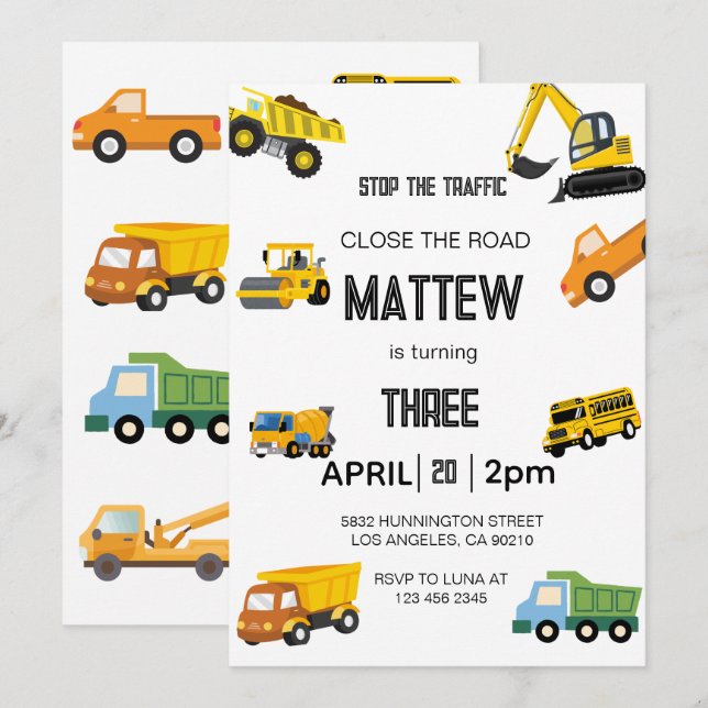 Invitación de cumpleaños de construcción (Anverso / Reverso)