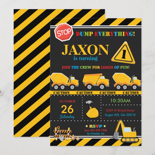 Invitación de cumpleaños de construcción (Anverso / Reverso)