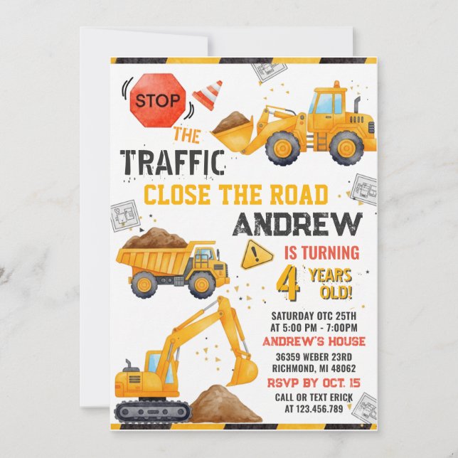 Invitación de cumpleaños de construcción (Anverso)