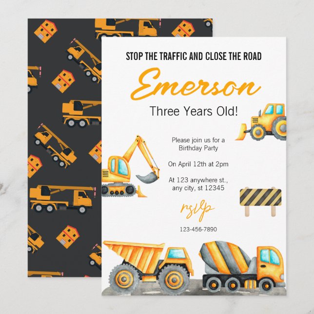 Invitación de cumpleaños de construcción (Anverso / Reverso)